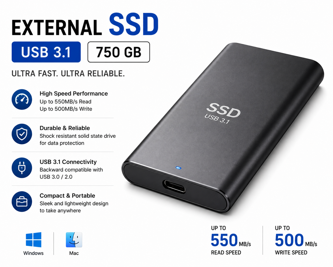 External SSD USB 3.1 750 GB